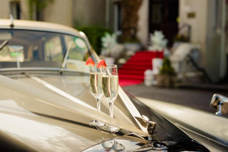 Cahernane House Hotel Vintage Wedding Car with champagne