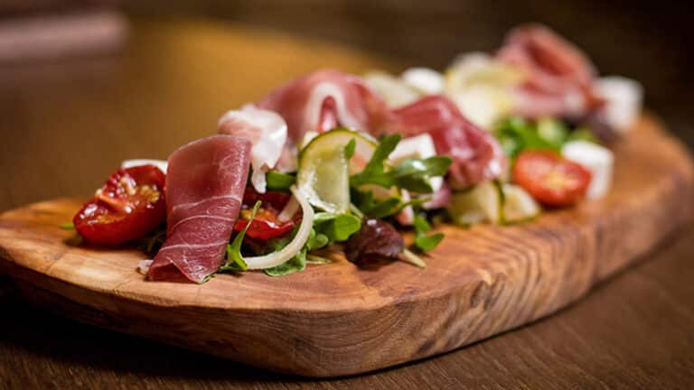 Salad of feta cheese, pickled vegetables & salad leaves at the Cellar Bar